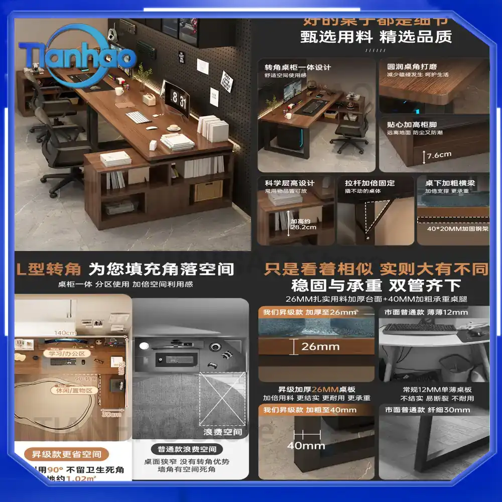 Desk Setup L Shaped - L字型ゲーミングデスク、デュアルモニター対応、本棚付き、ホームオフィスワークステーション兼用、2人用コーナーデスク