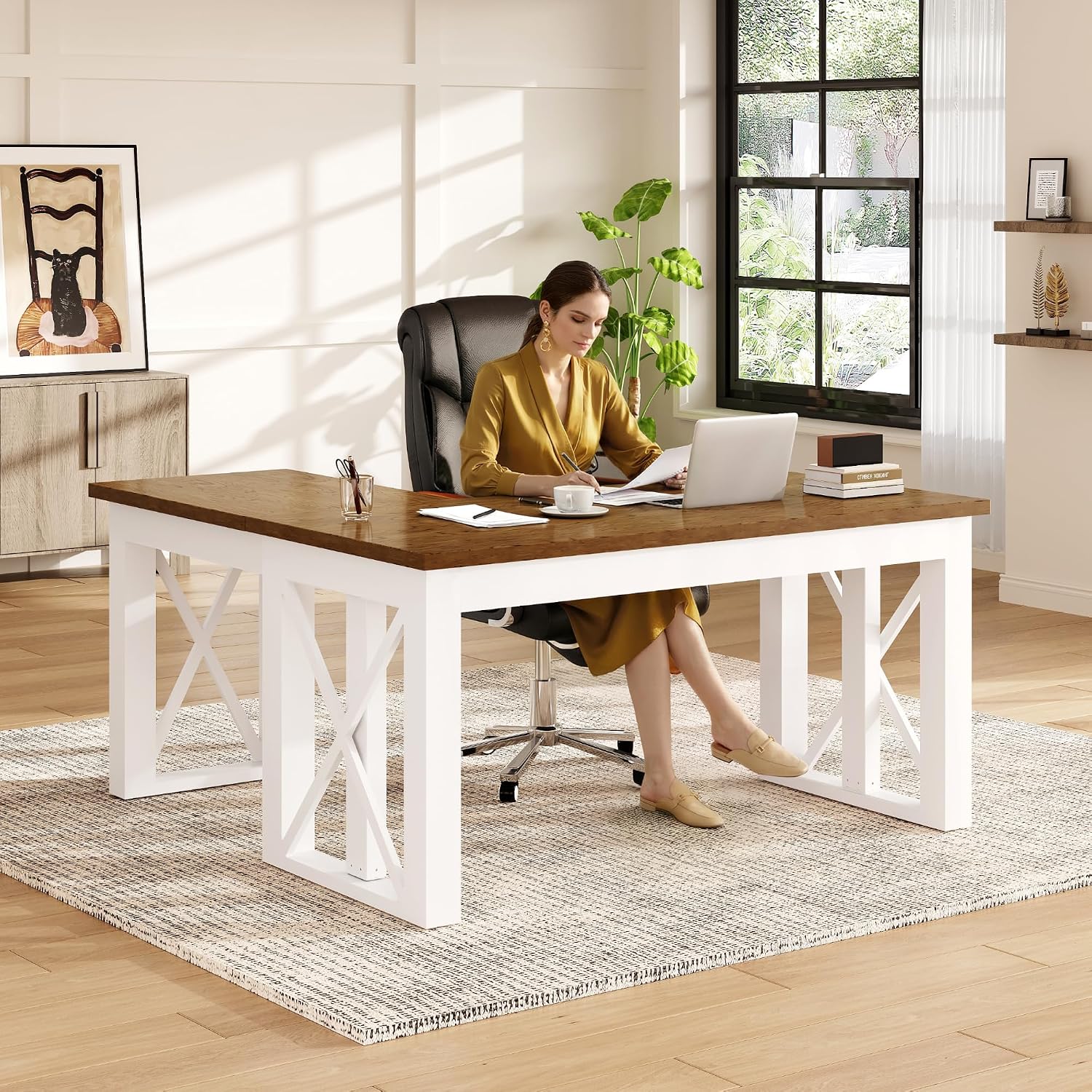 Desk Setup L Shaped - L字型スタンディングデスク（引き出し付き）、55x48インチのホームオフィス用ワークステーション、マルチモニターセットアップ対応、厚さ1.18インチ、耐荷重242ポンド、カスタマイズ可能