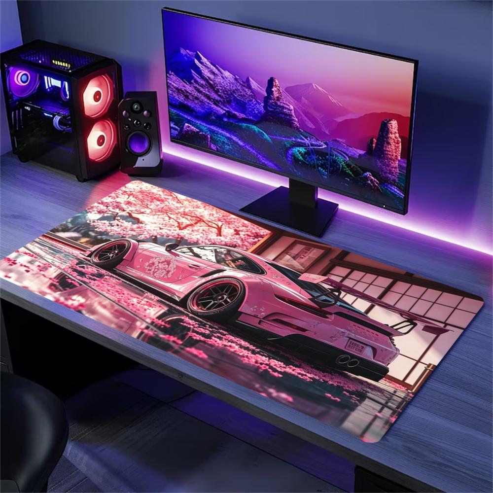 Desk Setup Pc And Laptop - サクラスポーツカー拡張デスクマット滑り止めゴムステッチエッジ大型マウスパッド（ノートパソコン、PC、オフィスデスクトップ、ゲーミングセットアップ用）