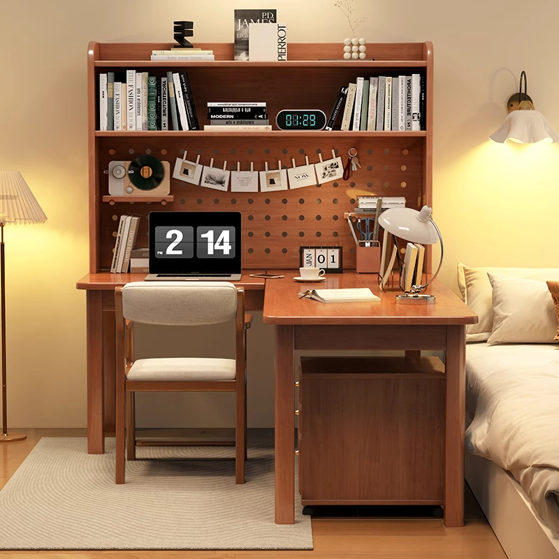Desk Setup L Shaped - モダンな7字型L字型無垢材コーナーデスク、一体型本棚付きテーブル、穴あきボード、ホームオフィス、寝室、コンピューターセットアップ用