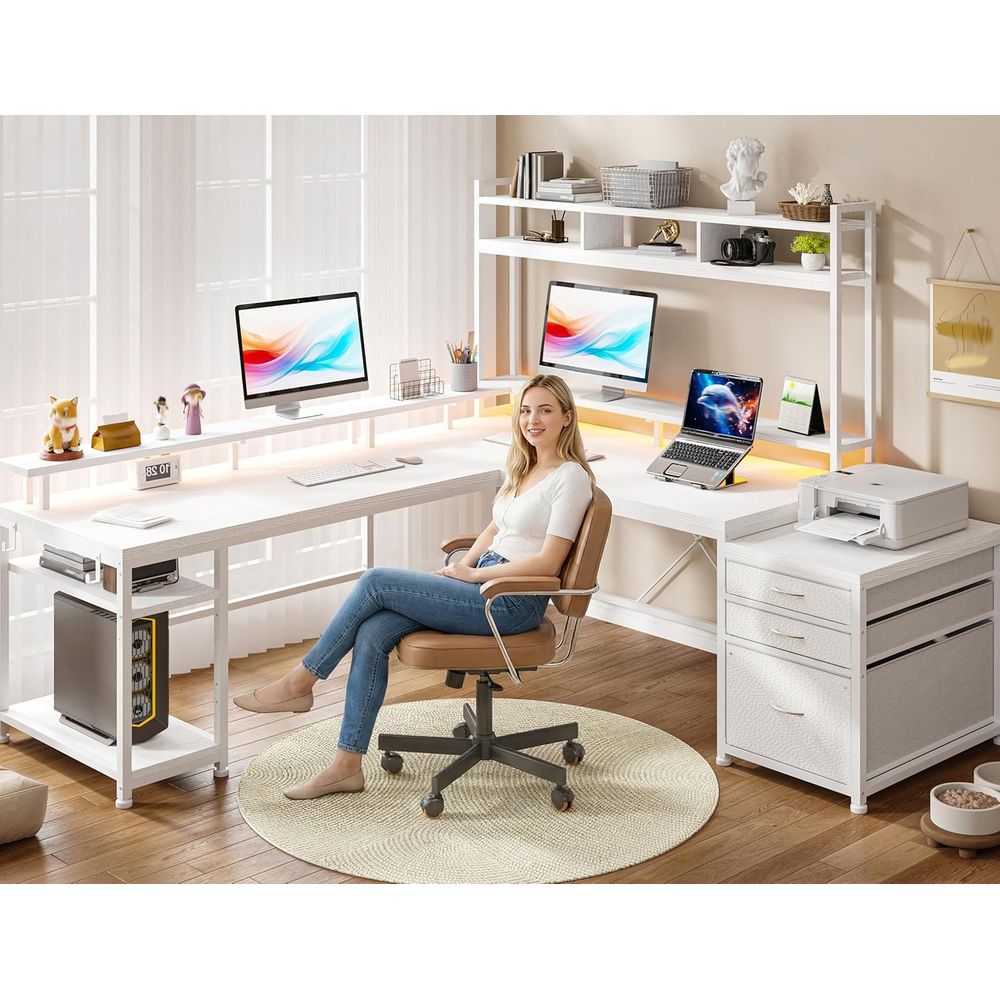 104インチL字型デスク、2人用ホームオフィス向け、4つのサ - Desk Setup L Shaped のレビューと価格