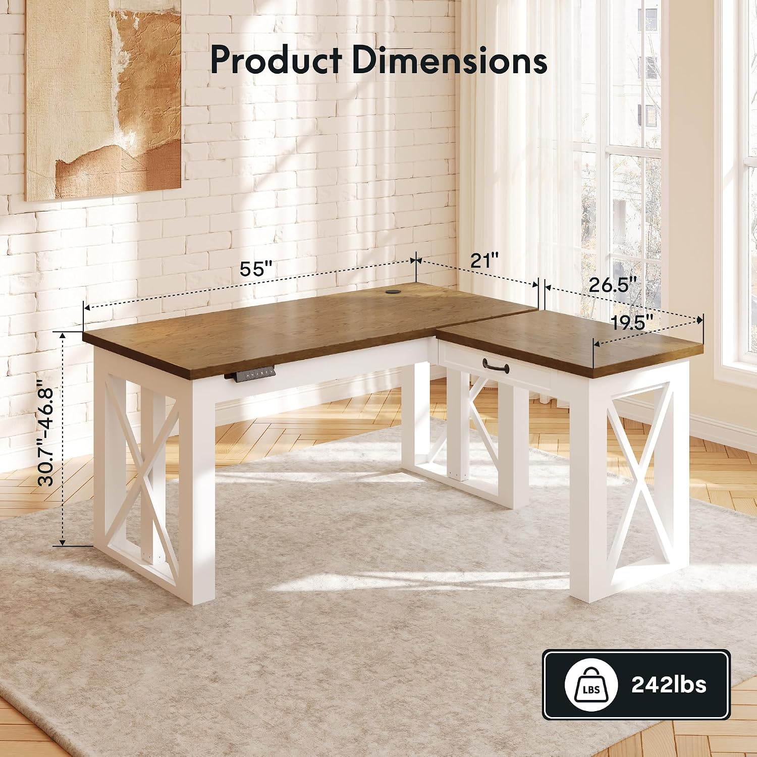 L字型スタンディングデスク（引き出し付き）、55x48インチ - Desk Setup L Shaped のレビューと価格