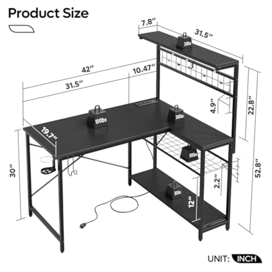 42インチのゲーミングデスク。電源コンセントとLEDライトを - Desk Setup L Shaped のレビューと価格